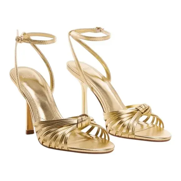Mango Women's Strappy High Heel Ankle Strap Sandals Gold Size 7 1/2 - Picture 1 of 4